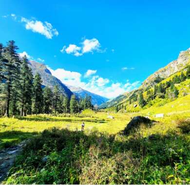 Har Ki Dun trek panoramic view of snow-capped Himalayan peaks and green meadows in Govind National Park, Uttarakhand"