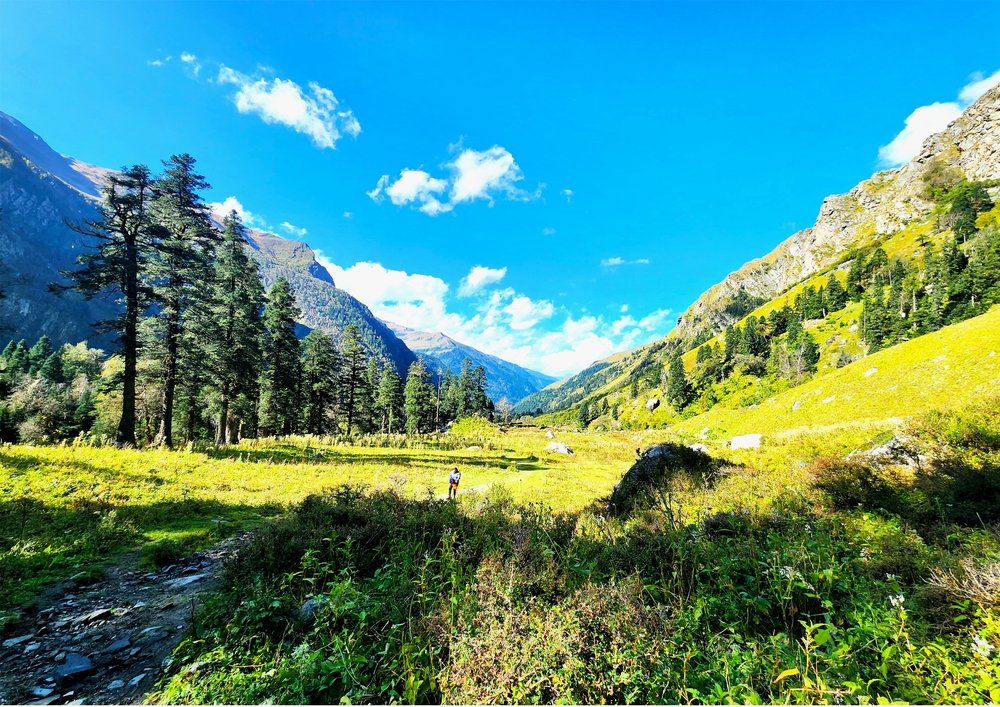 Har Ki Dun trek panoramic view of snow-capped Himalayan peaks and green meadows in Govind National Park, Uttarakhand"